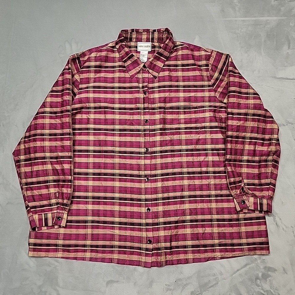 Napa Valley Shirt Womens 2X Pink Plaid Silk Cotton Button Down Long Sleeve Top